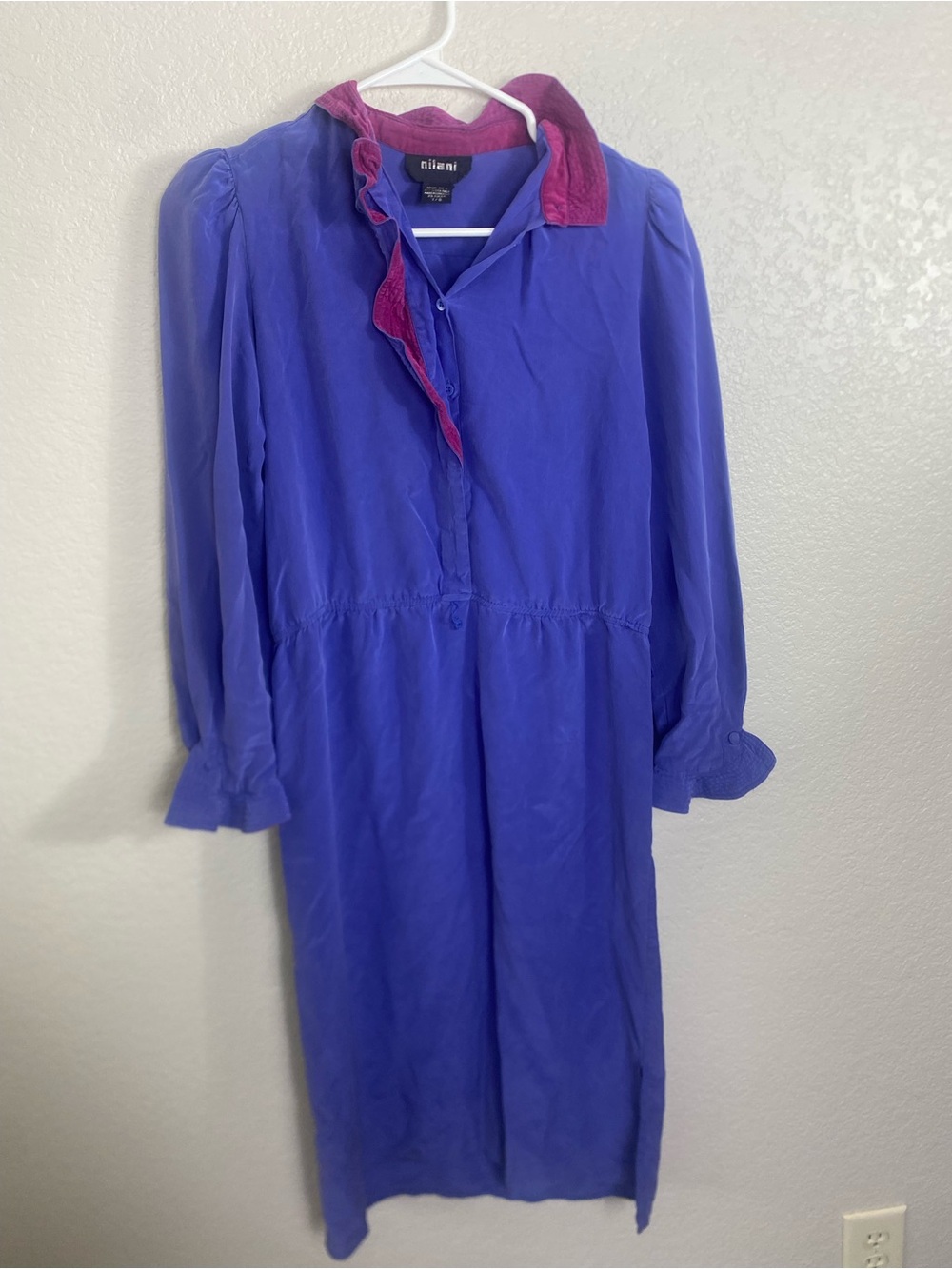 Classic 80’s Royal Purple Silk Dress with Magenta Trim, gentle waist cinching